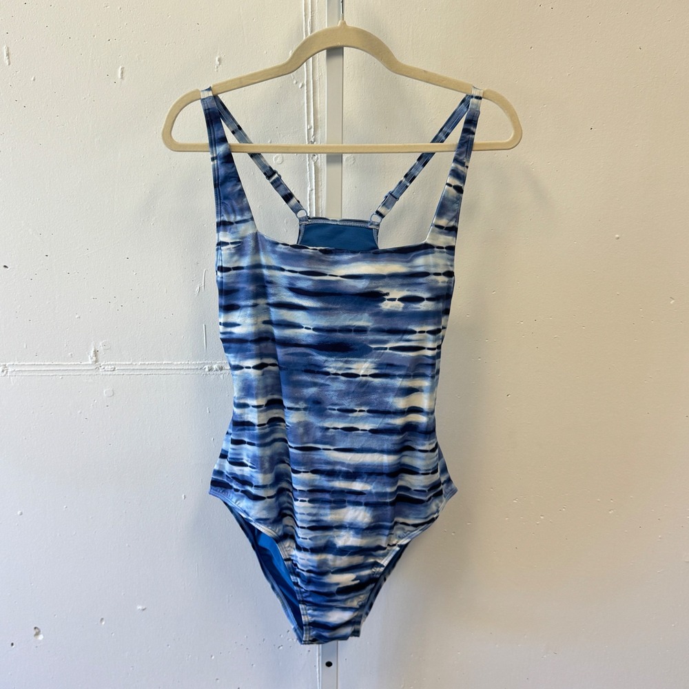 L.L. Bean Tie Dye One Piece Cutout Swimsuit Blue White UPF 50+ 517809 Size 16